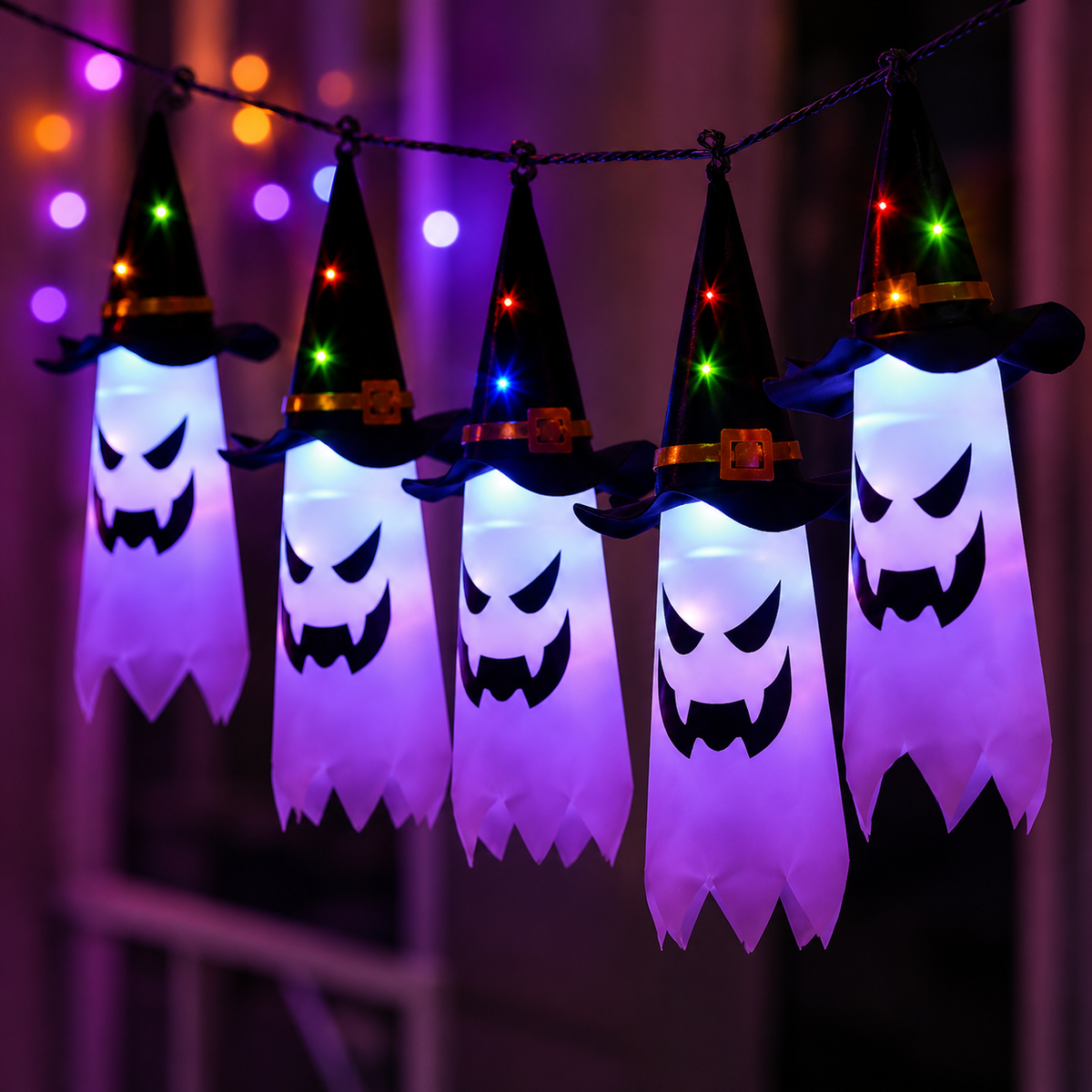 LED Ghost Halloween String Lights with Witch Hats - 5 Lanterns