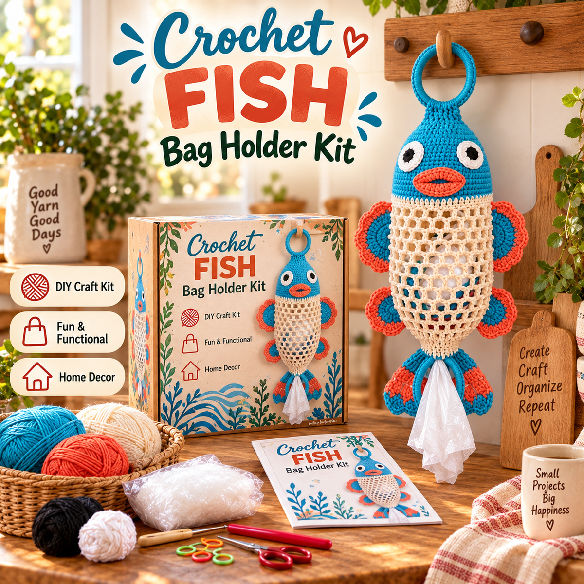 Crochet Animal Bag Holder DIY Kit – Hanging Storage Craft Project