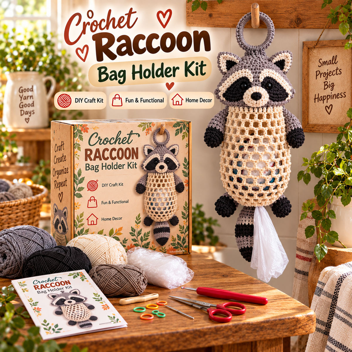 Crochet Animal Bag Holder DIY Kit – Hanging Storage Craft Project