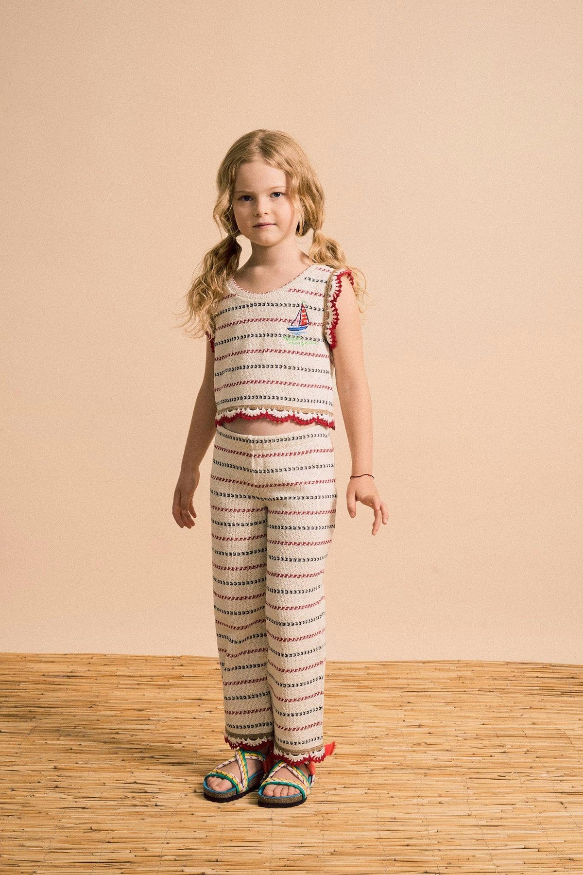 BARCOS KNIT PANTS OFF WHITE / RED