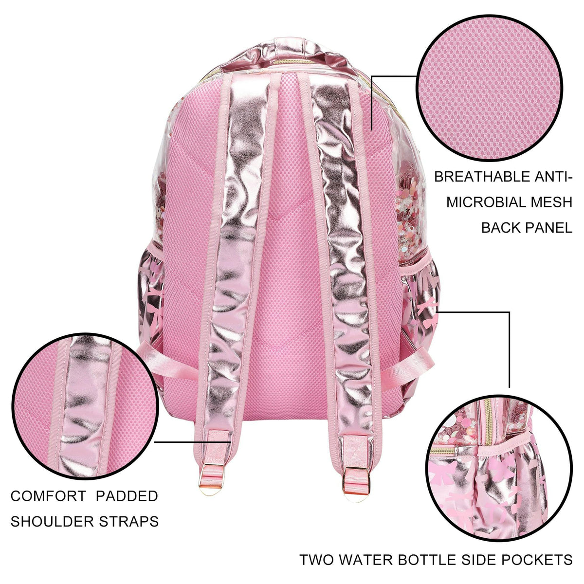 Pink Bow Confetti Clear Backpack by Packed Party | 17" Cute Backpack for Adults