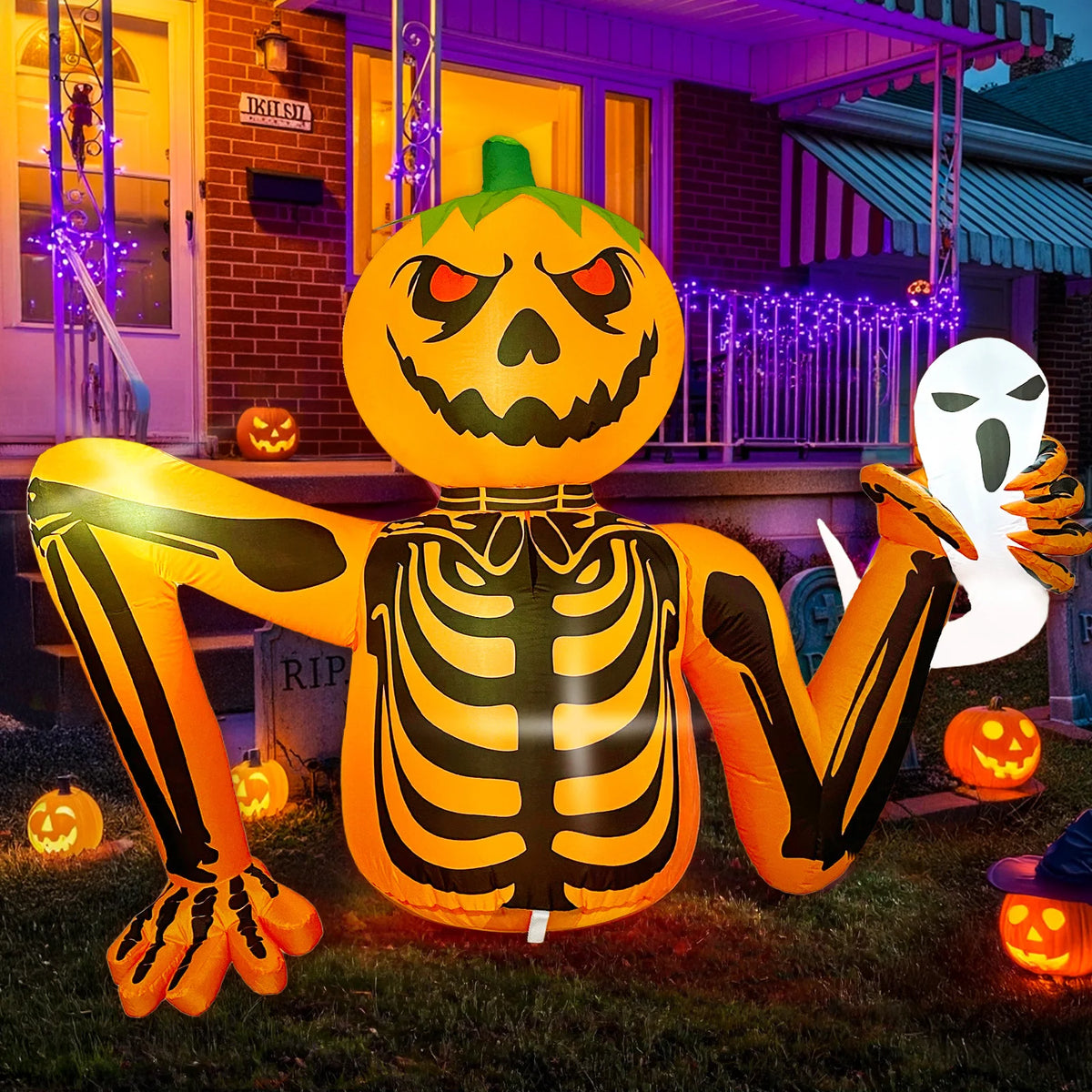 Inflatable Pumpkin Skeleton Ghost Halloween Yard Decoration LED Lights 1.8m