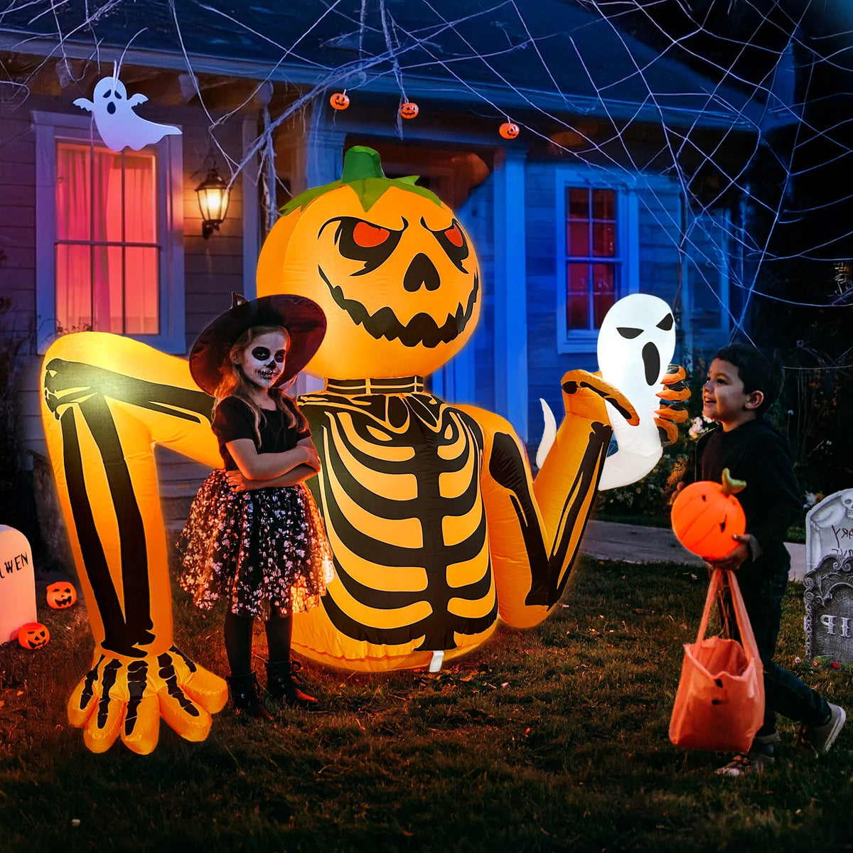 Inflatable Pumpkin Skeleton Ghost Halloween Yard Decoration LED Lights 1.8m