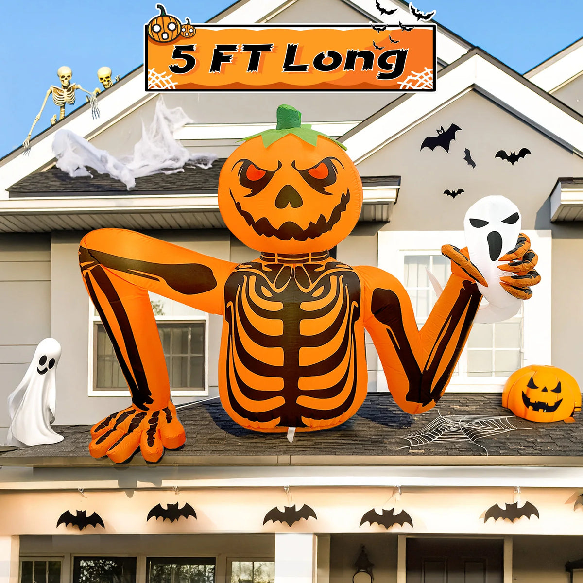 Inflatable Pumpkin Skeleton Ghost Halloween Yard Decoration LED Lights 1.8m