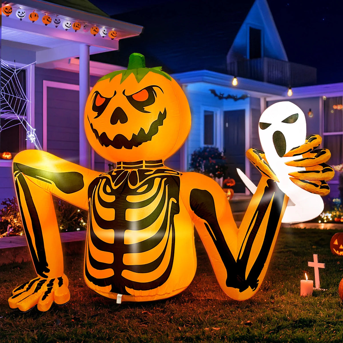 Inflatable Pumpkin Skeleton Ghost Halloween Yard Decoration LED Lights 1.8m