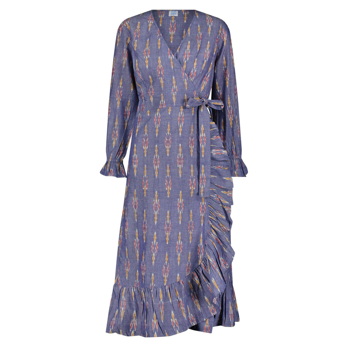 Genevieve Womens Ruffle Wrap Dress Chambray Ikat, blue