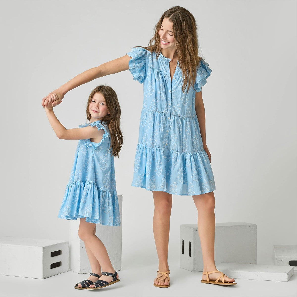 Womens Kalani Ruffle Dress - Blue Dewdrop Block Print
