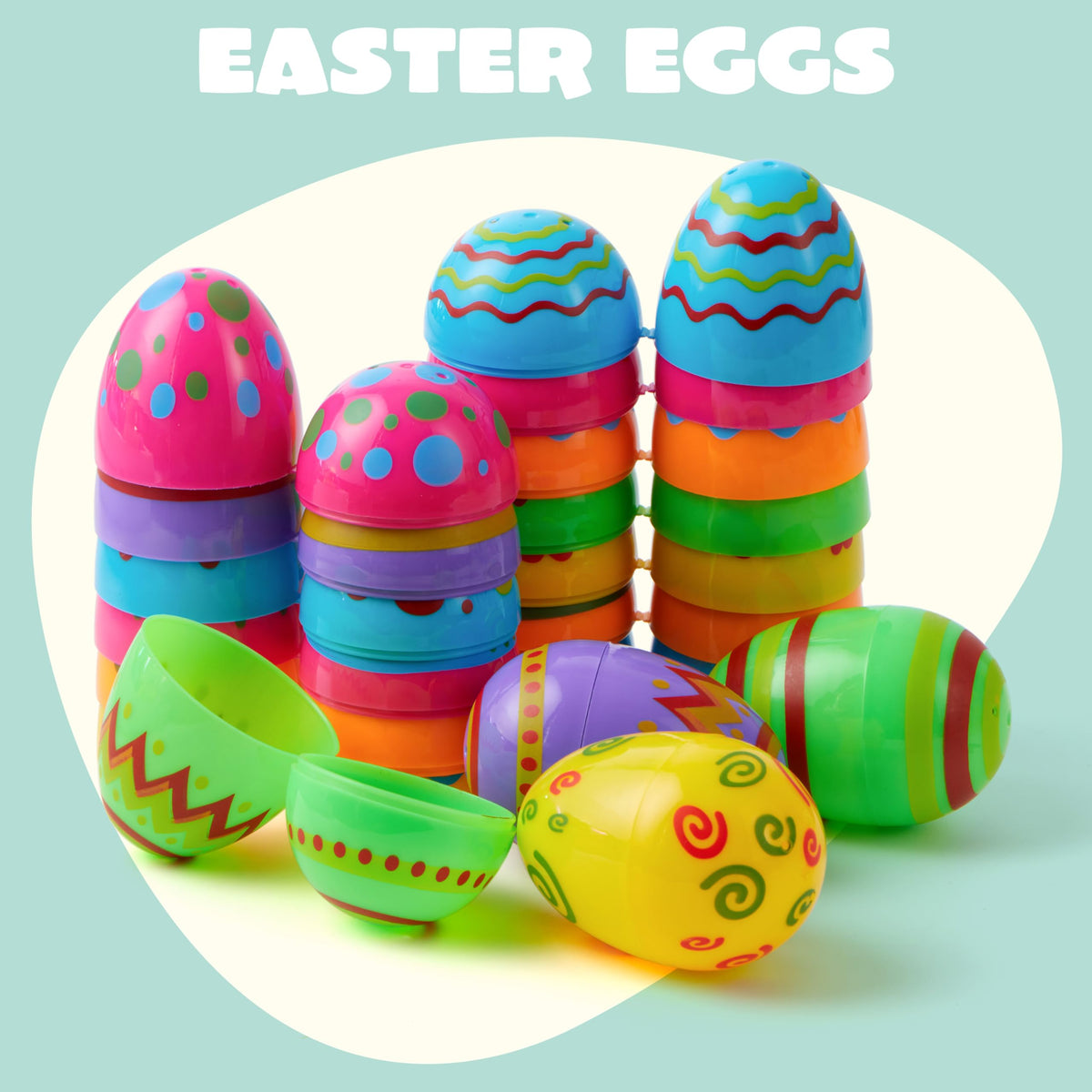 JOYIN 100 Pcs Plastic Printed Bright Easter Eggs 3.15'' Fillable Empty Eggs for Easter Hunt