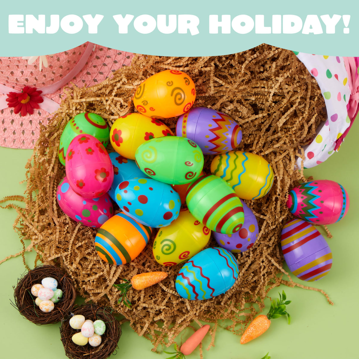 JOYIN 100 Pcs Plastic Printed Bright Easter Eggs 3.15'' Fillable Empty Eggs for Easter Hunt