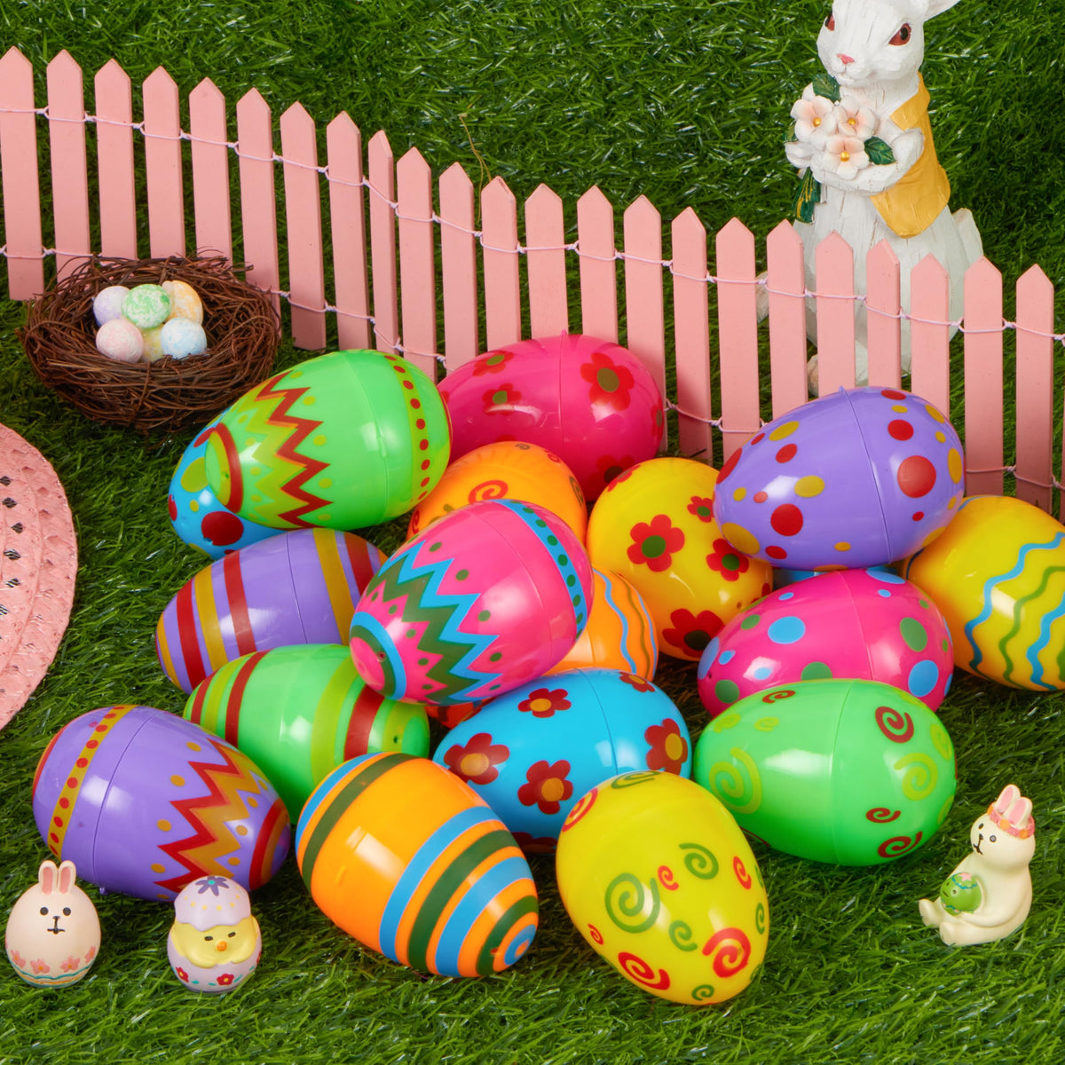 JOYIN 100 Pcs Plastic Printed Bright Easter Eggs 3.15'' Fillable Empty Eggs for Easter Hunt