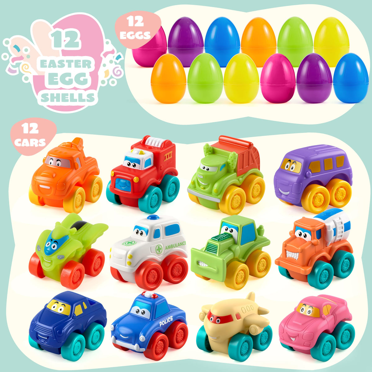 JOYIN 12 Pcs Easter Eggs with Rubber Cars