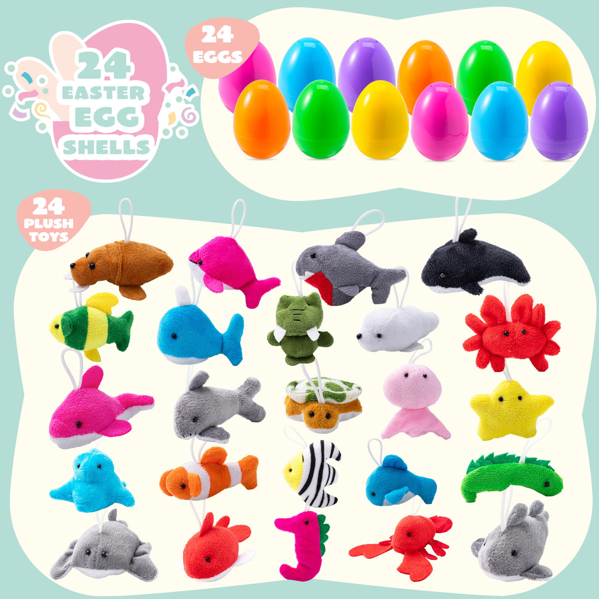 JOYIN 24 Pcs Prefilled Easter Eggs with Sea Animal Plush Toys