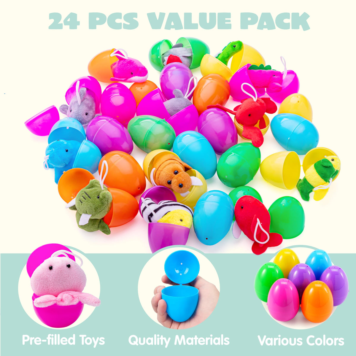 JOYIN 24 Pcs Prefilled Easter Eggs with Sea Animal Plush Toys
