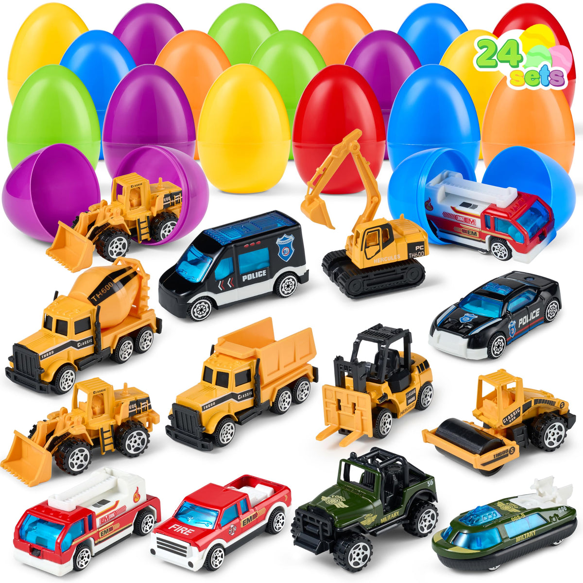 JOYIN 24 Pcs Prefilled Easter Eggs with Vehicle Toys