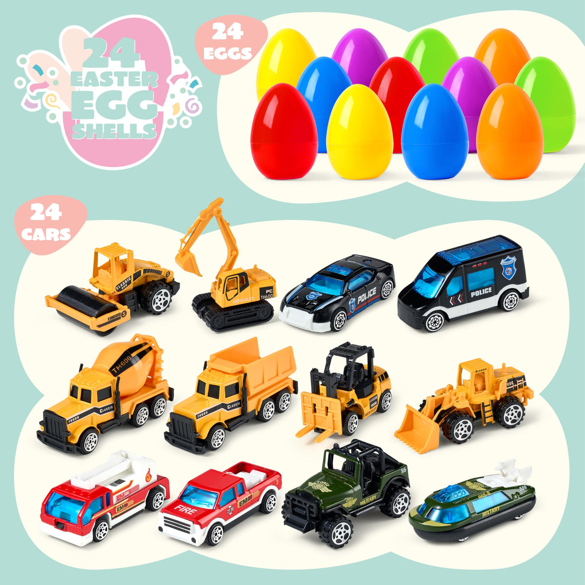 JOYIN 24 Pcs Prefilled Easter Eggs with Vehicle Toys