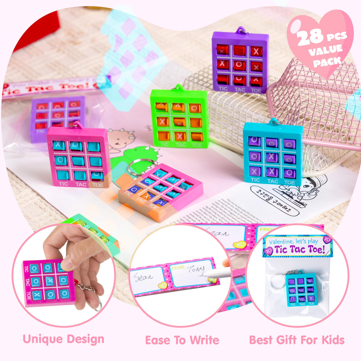 JOYIN 28 Pcs Valentine's Day Plastic Tic Tac Toe Game Favors with 4 Colors for Kids Goodie Bag Stuffers