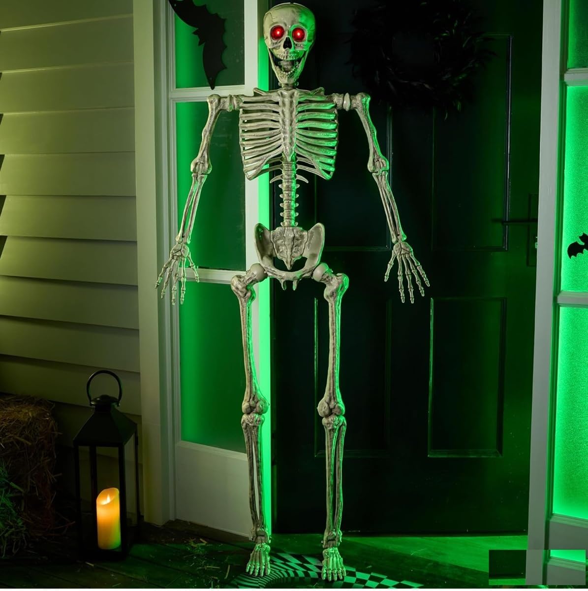 JOYIN 5.6 ft Halloween Life-Size Posable Skeleton with LED Glowing Eyes