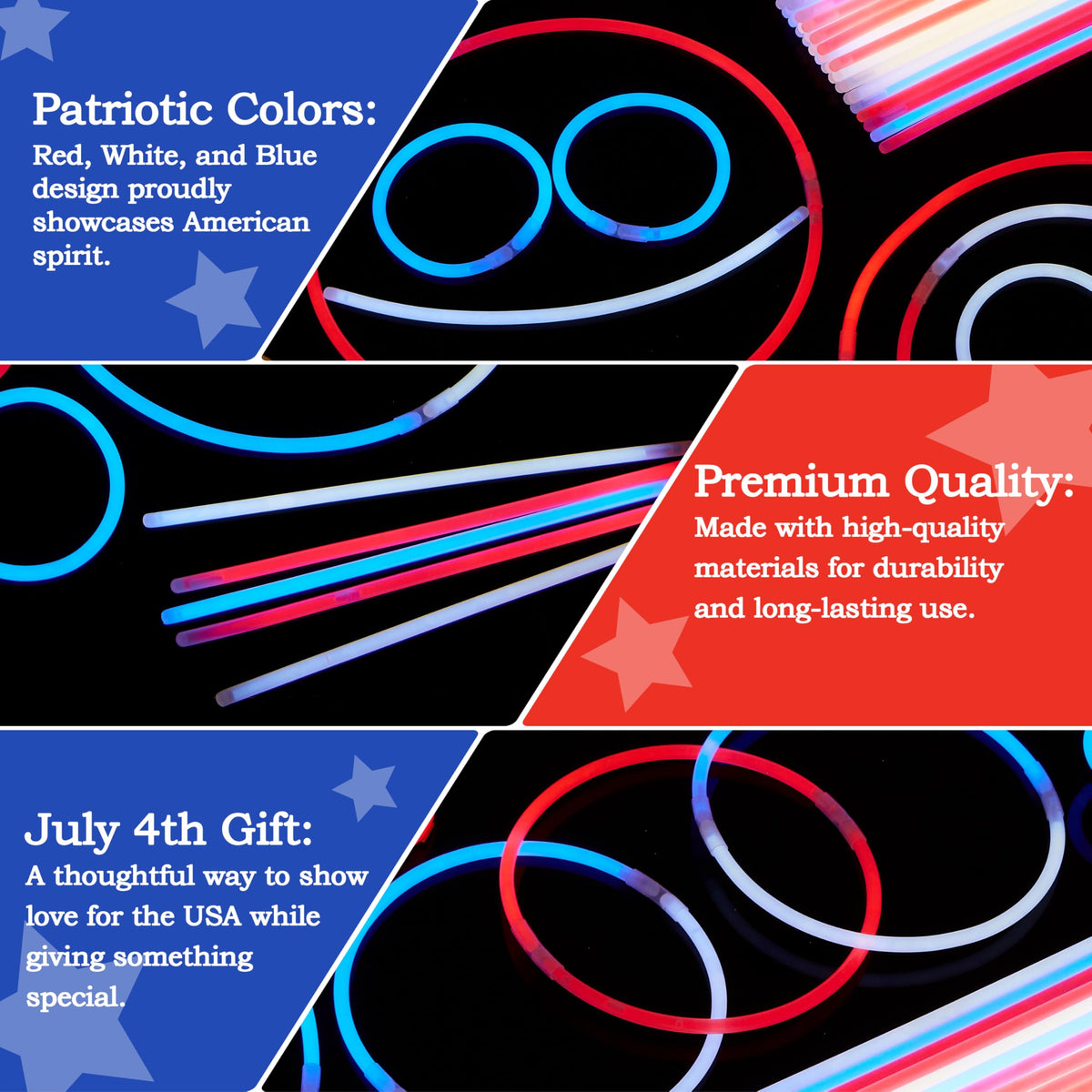 JOYIN Patriotic Glow Sticks Party Pack - 200 Pcs Red, White & Blue