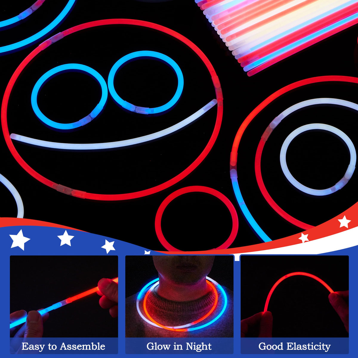 JOYIN Patriotic Glow Sticks Party Pack - 200 Pcs Red, White & Blue