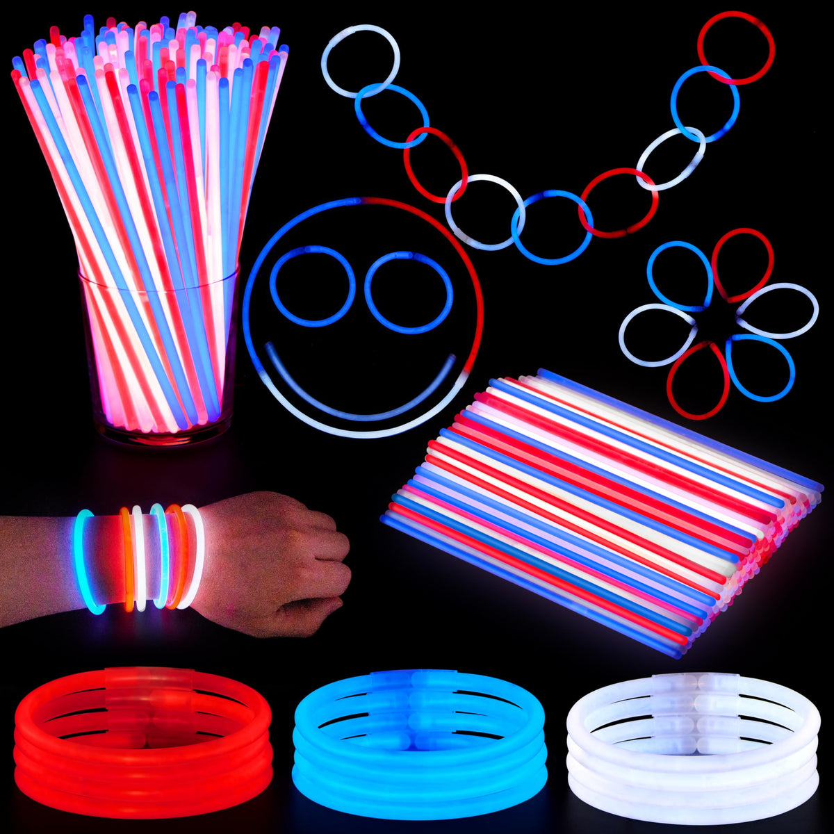 JOYIN Patriotic Glow Sticks Party Pack - 200 Pcs Red, White & Blue