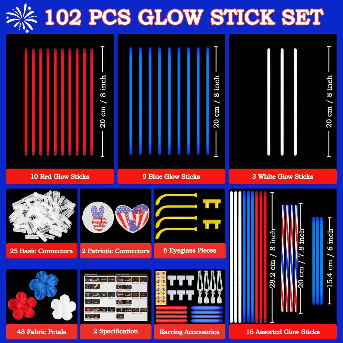 JOYIN Red, White & Blue 4th of July Glow Sticks & Accessories Pack