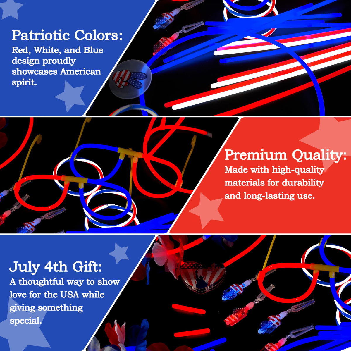 JOYIN Red, White & Blue 4th of July Glow Sticks & Accessories Pack