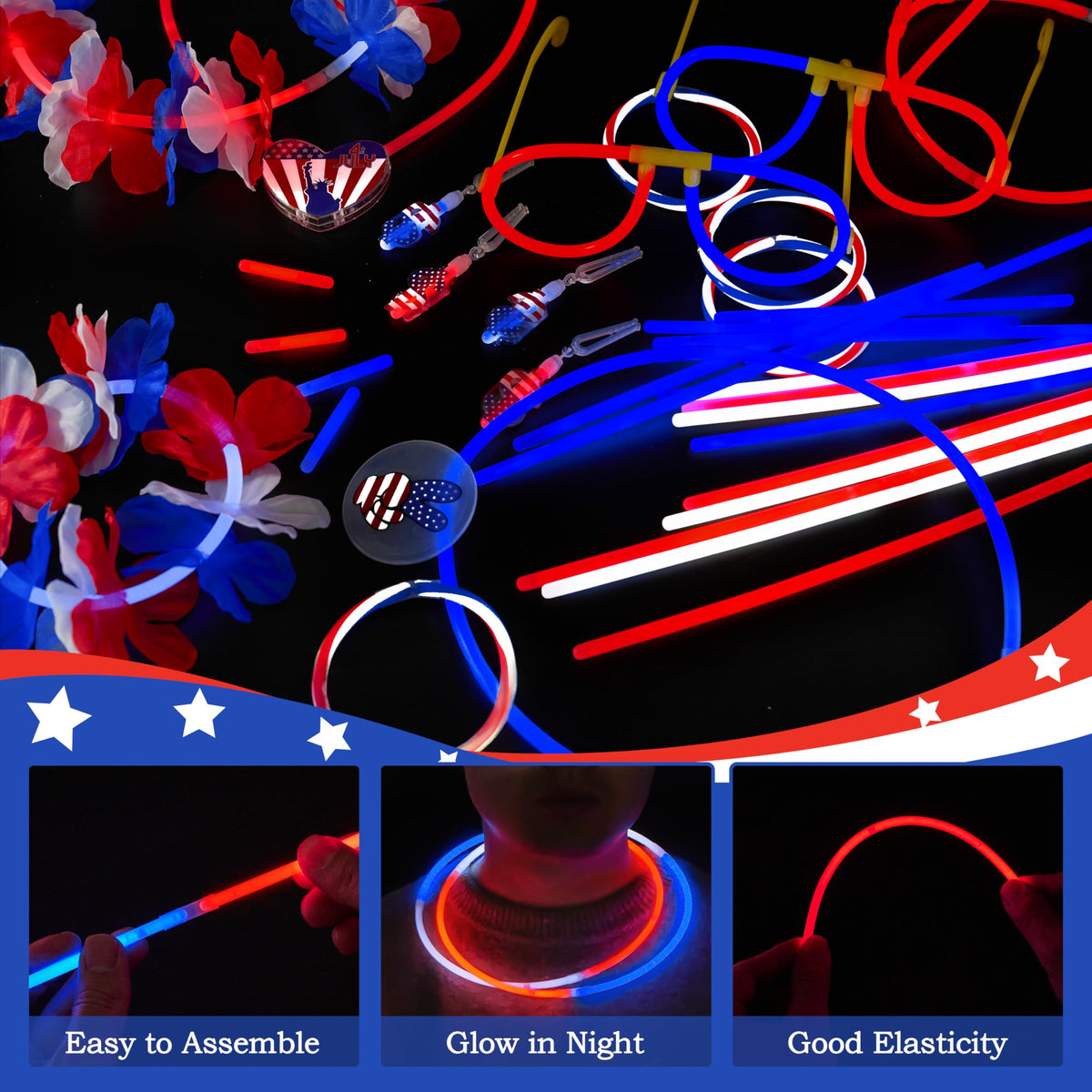 JOYIN Red, White & Blue 4th of July Glow Sticks & Accessories Pack