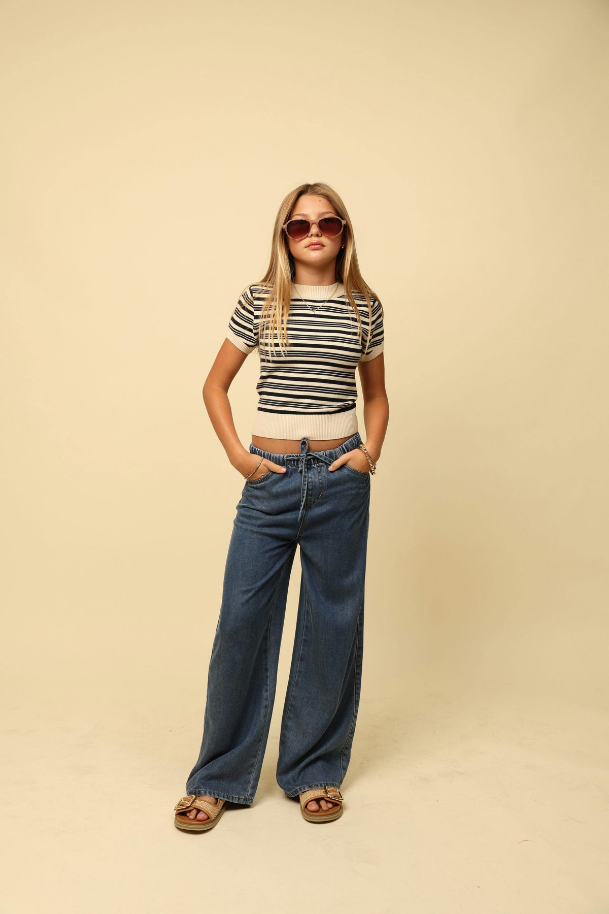 Vintage Drawstring Soft Denim Wide Leg Pant