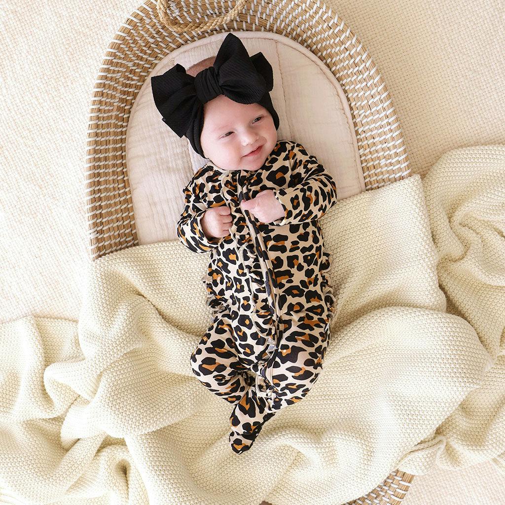 Lana Leopard Tan Footie Ruffled Zippered One Piece