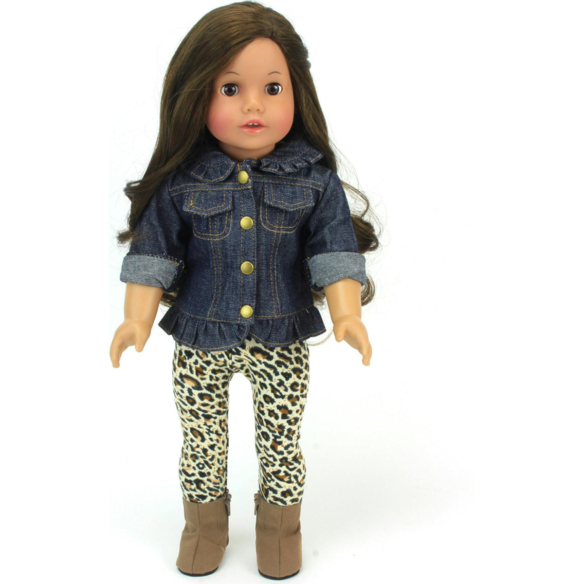 Sophia’s Jean Jacket, Cheetah Print Leggings, and Brown Faux Suede Booties for 18" Dolls