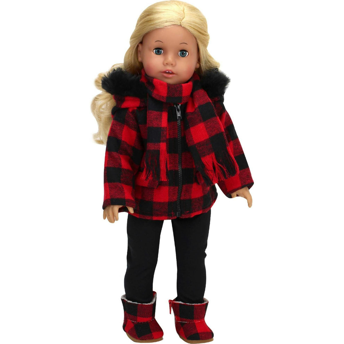 Sophia’s Buffalo Check Faux Fur-Trimmed Coat, Scarf, Leggings, and Boots for 18” Dolls, Black/Red