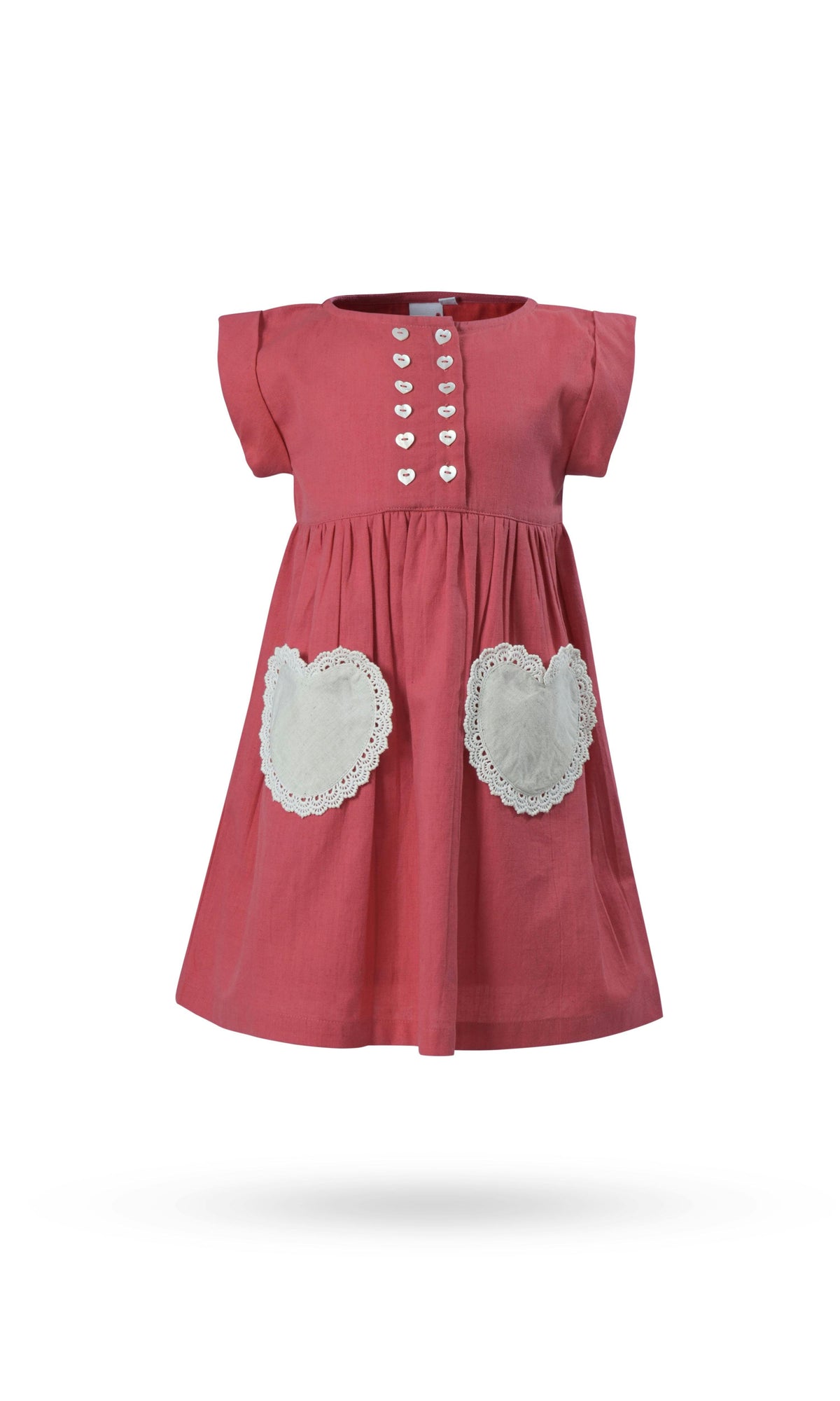 Coral Heart Gathered Dress — Cotton Girls Dress | Infant to Tween 0-13 Years