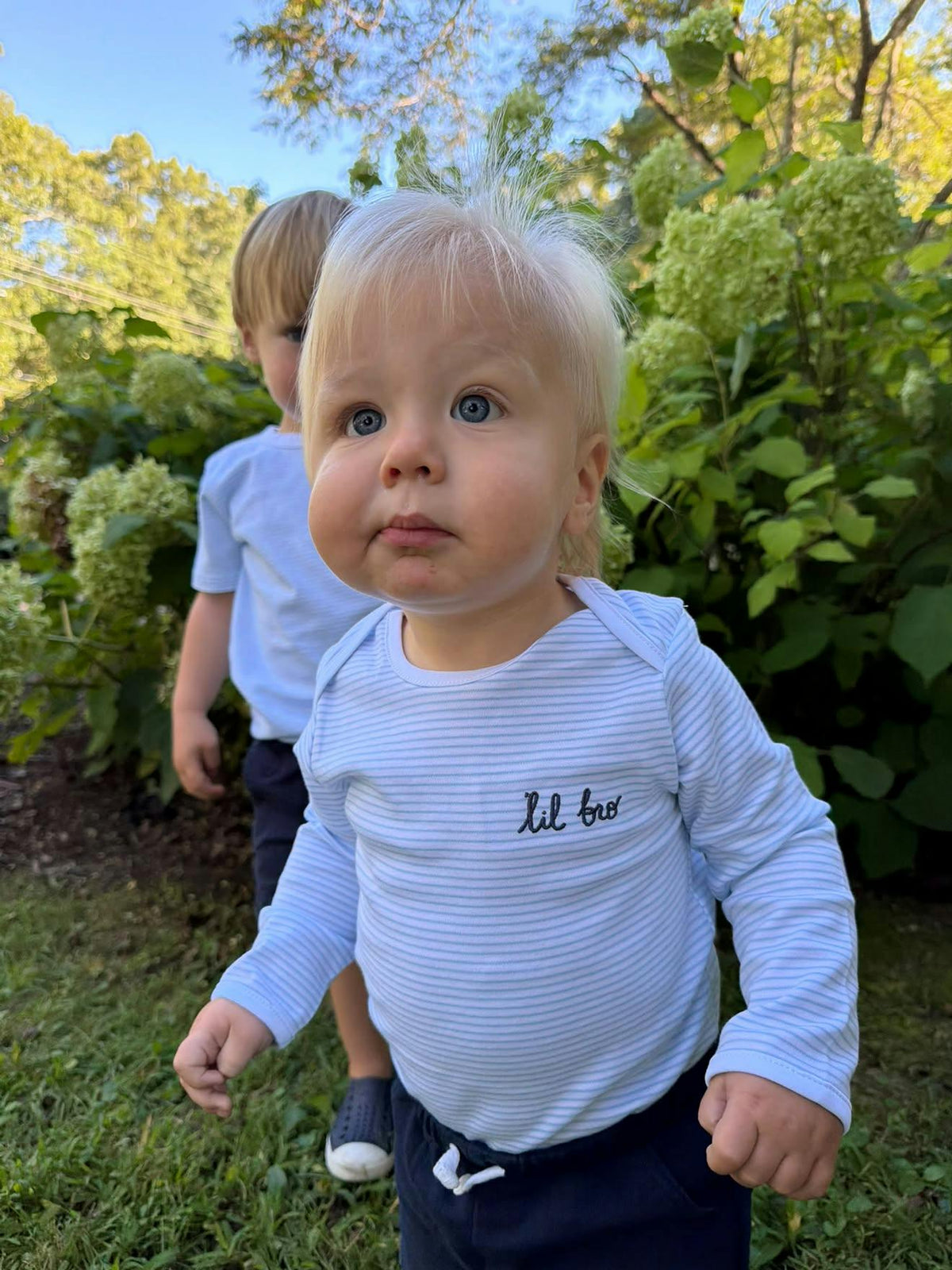 "Lil Bro" Short Sleeve Bodysuit in Light Blue Stripe