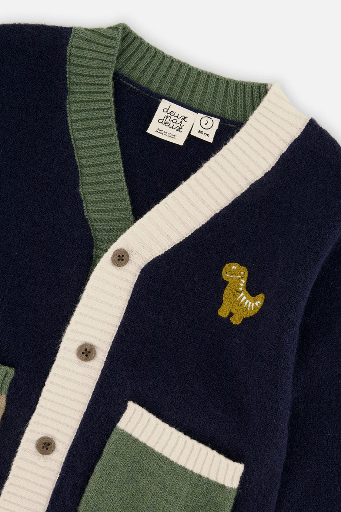 Knit Cardigan With Dino Dark Blue, Green And Yellow