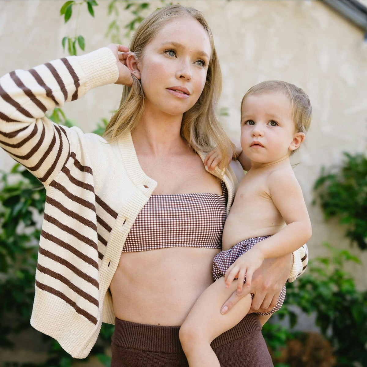women's cream and brown stripe cropped knit cardigan