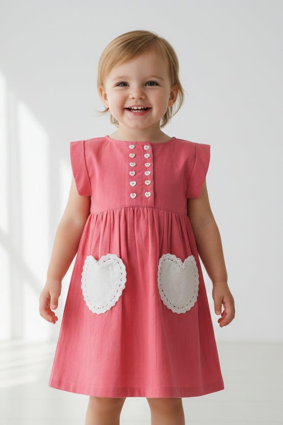 Coral Heart Gathered Dress — Cotton Girls Dress | Infant to Tween 0-13 Years
