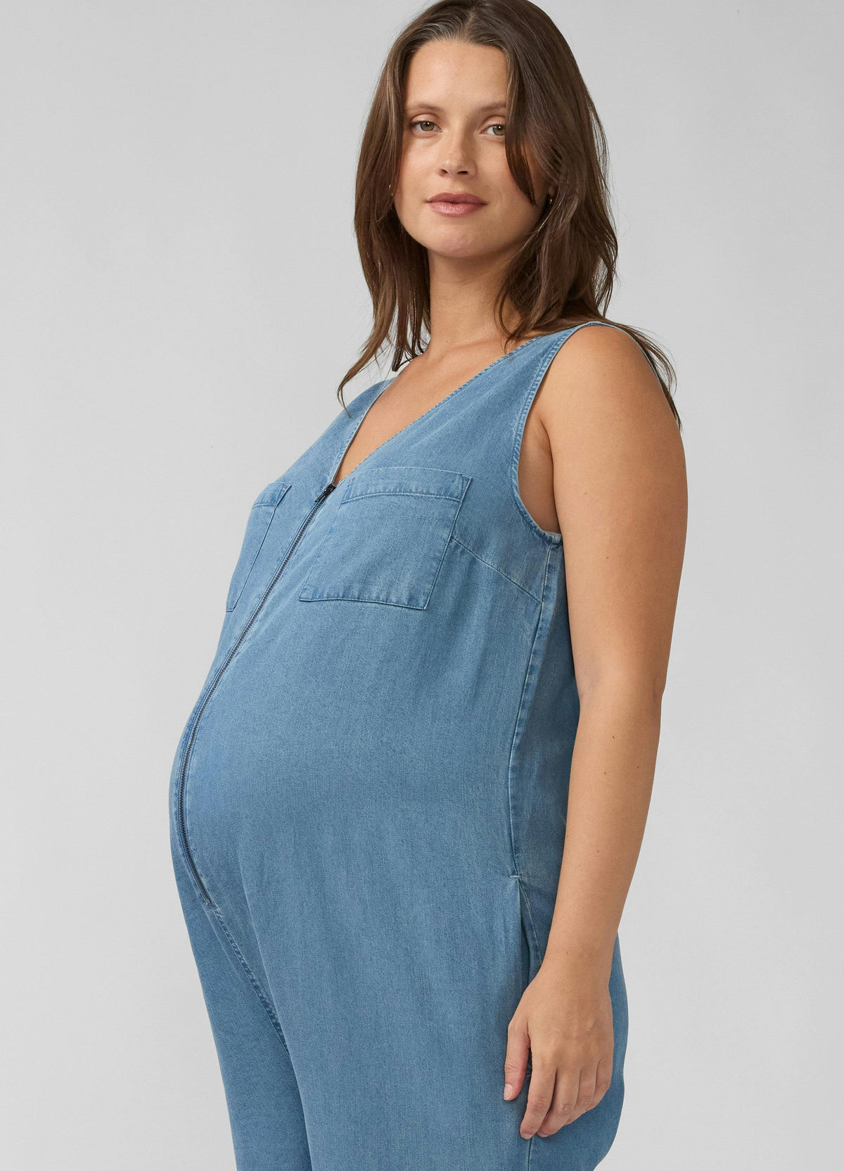 Wide Leg Zip Front Chambray Maternity and Nursing Jumpsuit