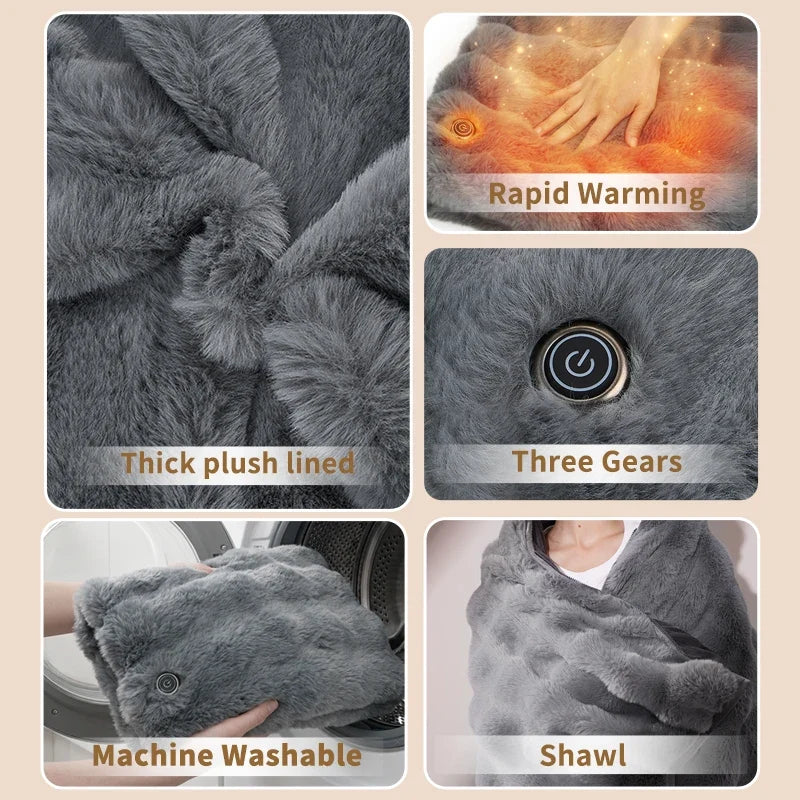 USB Heated Shawl Blanket (Type-C), Double-Layer Flannel Wearable Electric Throw with 3 Heat Settings