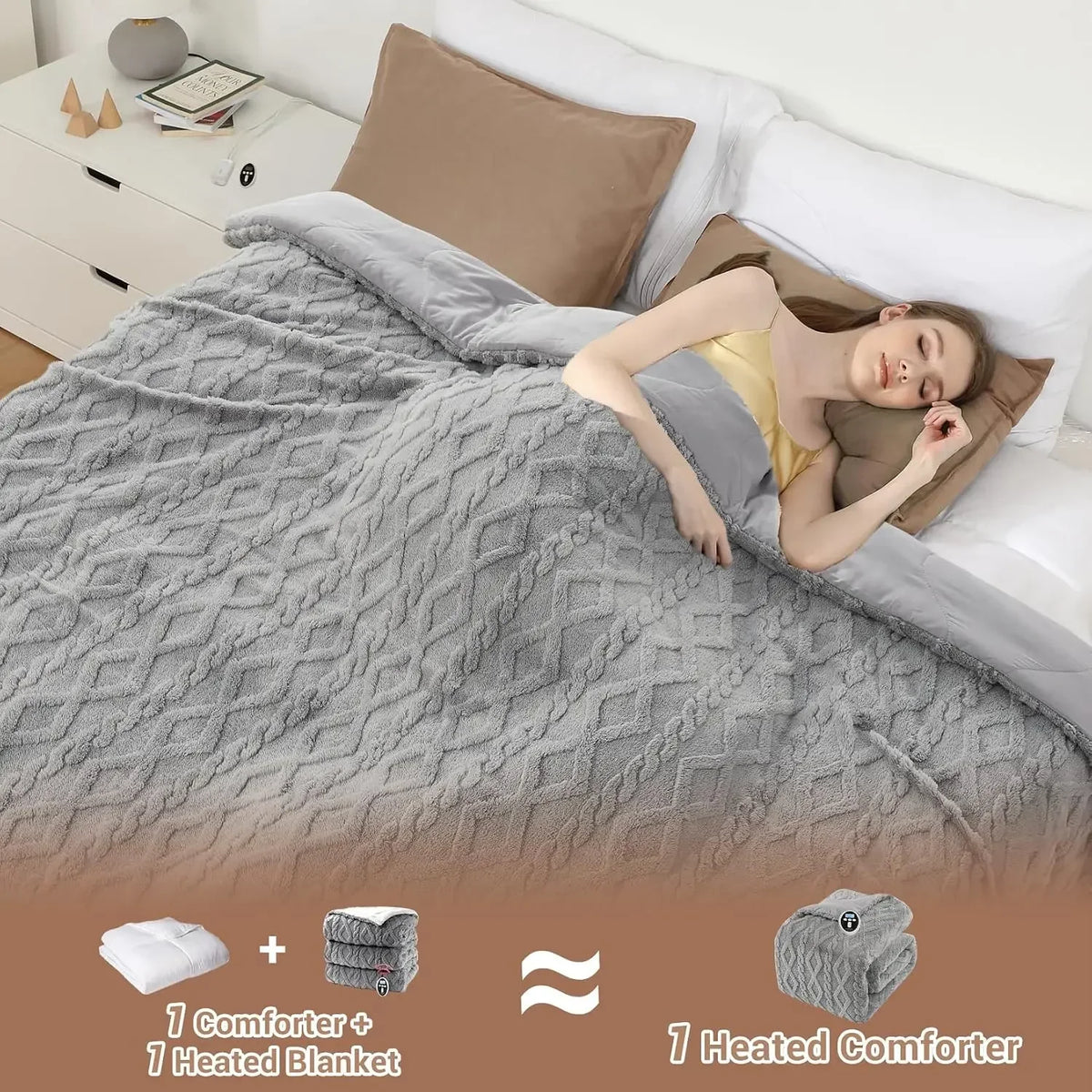 Heated Comforter Queen 90 x 90 in, Dual-Zone Electric Quilt with Wireless LCD Controller & 6 Heat Levels