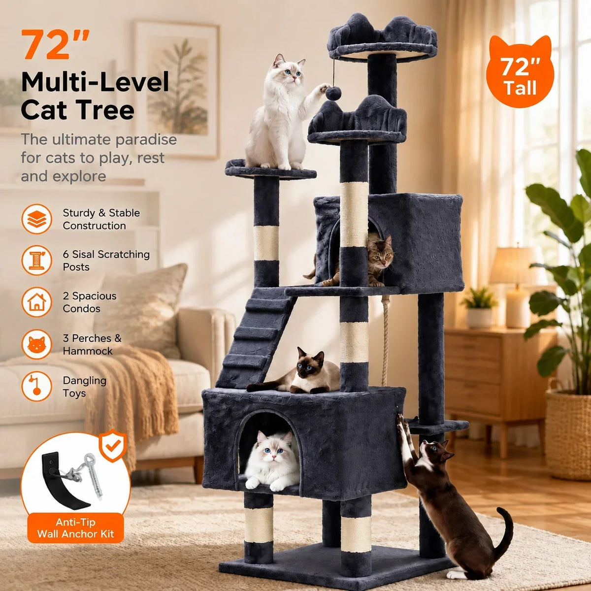 72 Inch Large Cat Tree Tower with Scratching Posts
