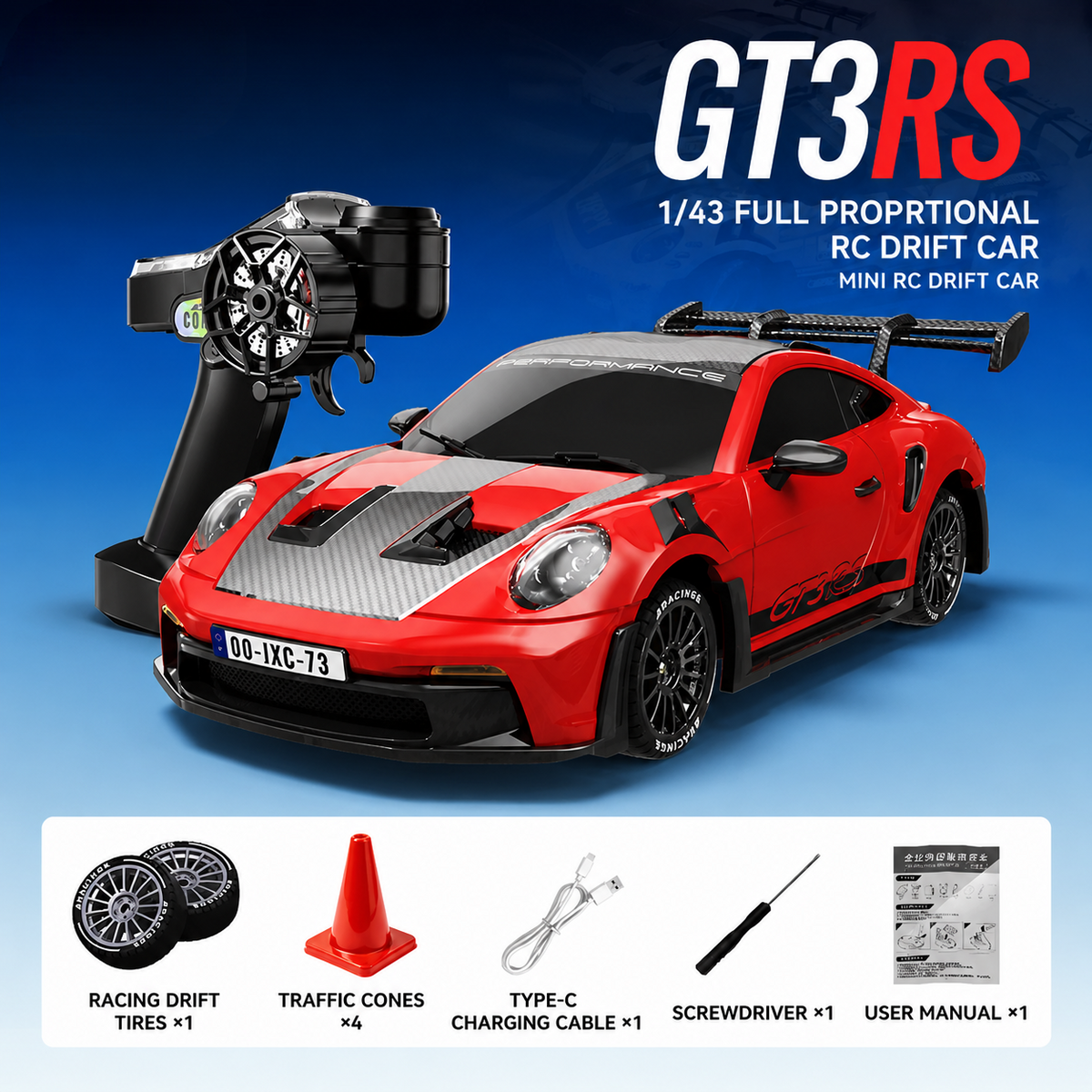 1:43 Scale RTR 4WD High-Speed GT3 RS RC Race Car - JX02