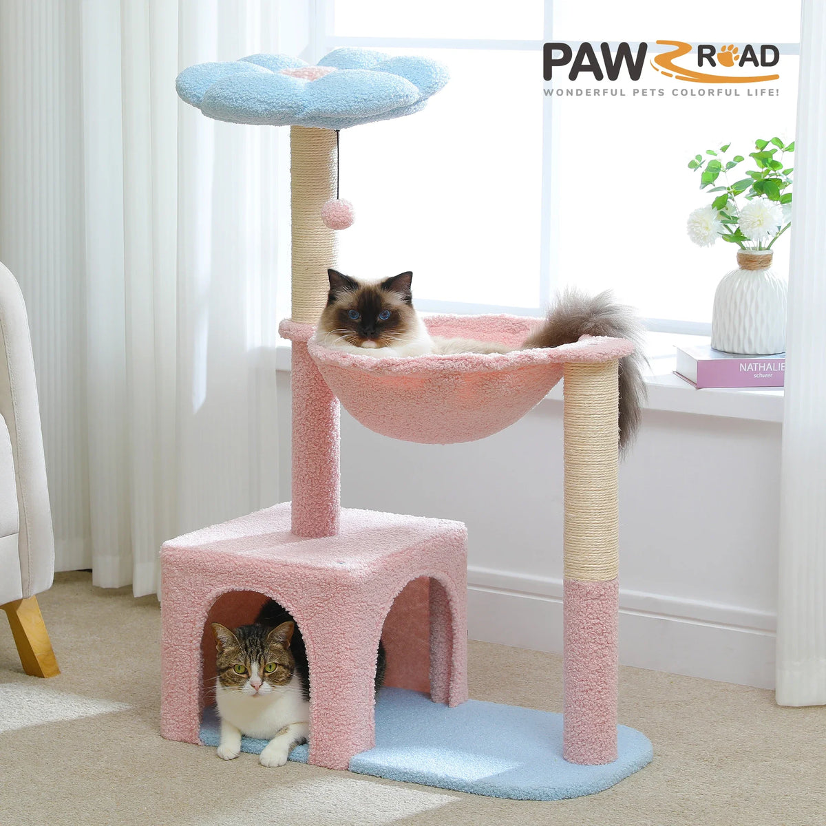 Flower Cat Tree with Large Metal Frame Hammock Cute Cat Tower