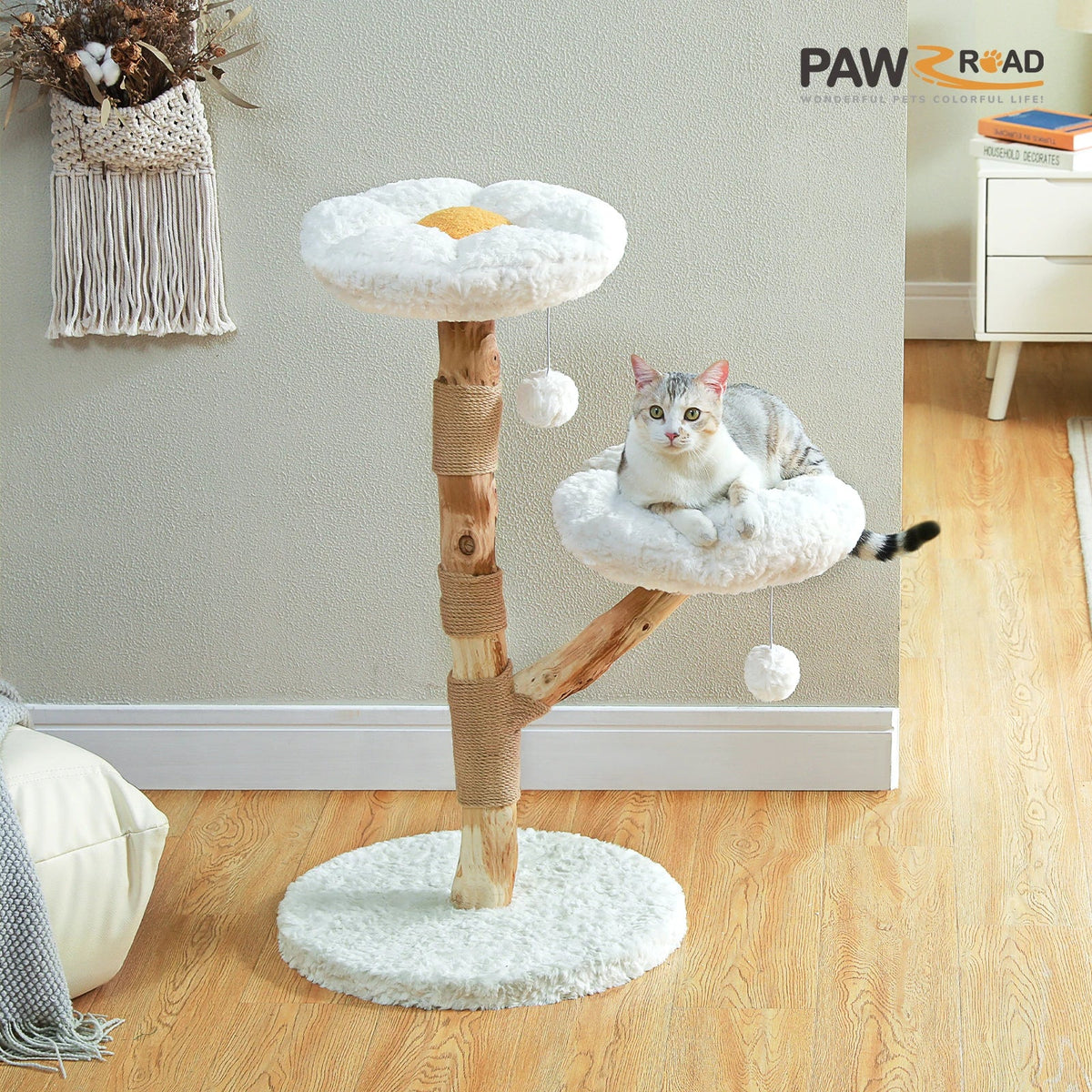 Modern Cat Tree Tower with Natural Solid Wood Scratching Posts