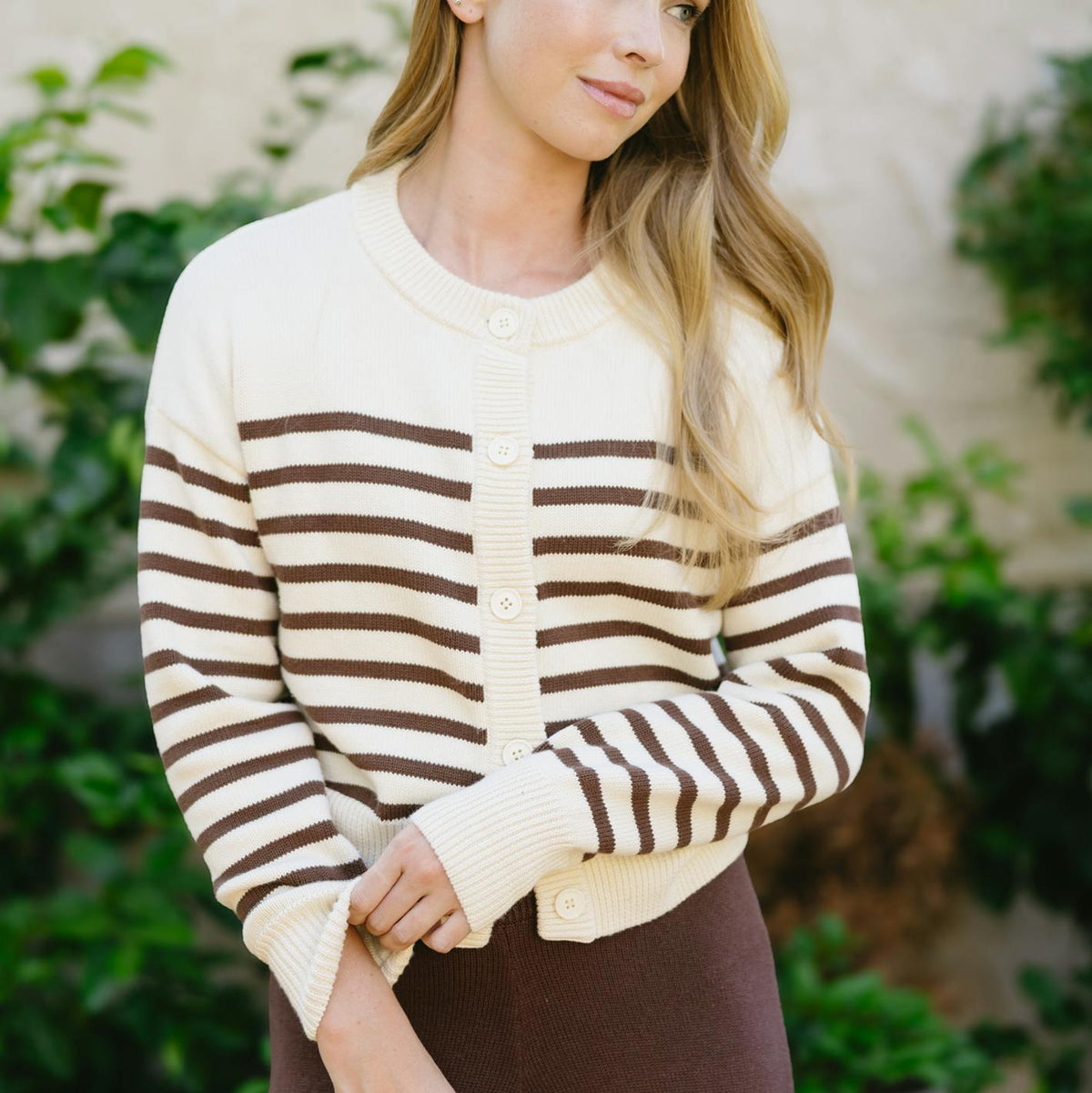 women's cream and brown stripe cropped knit cardigan