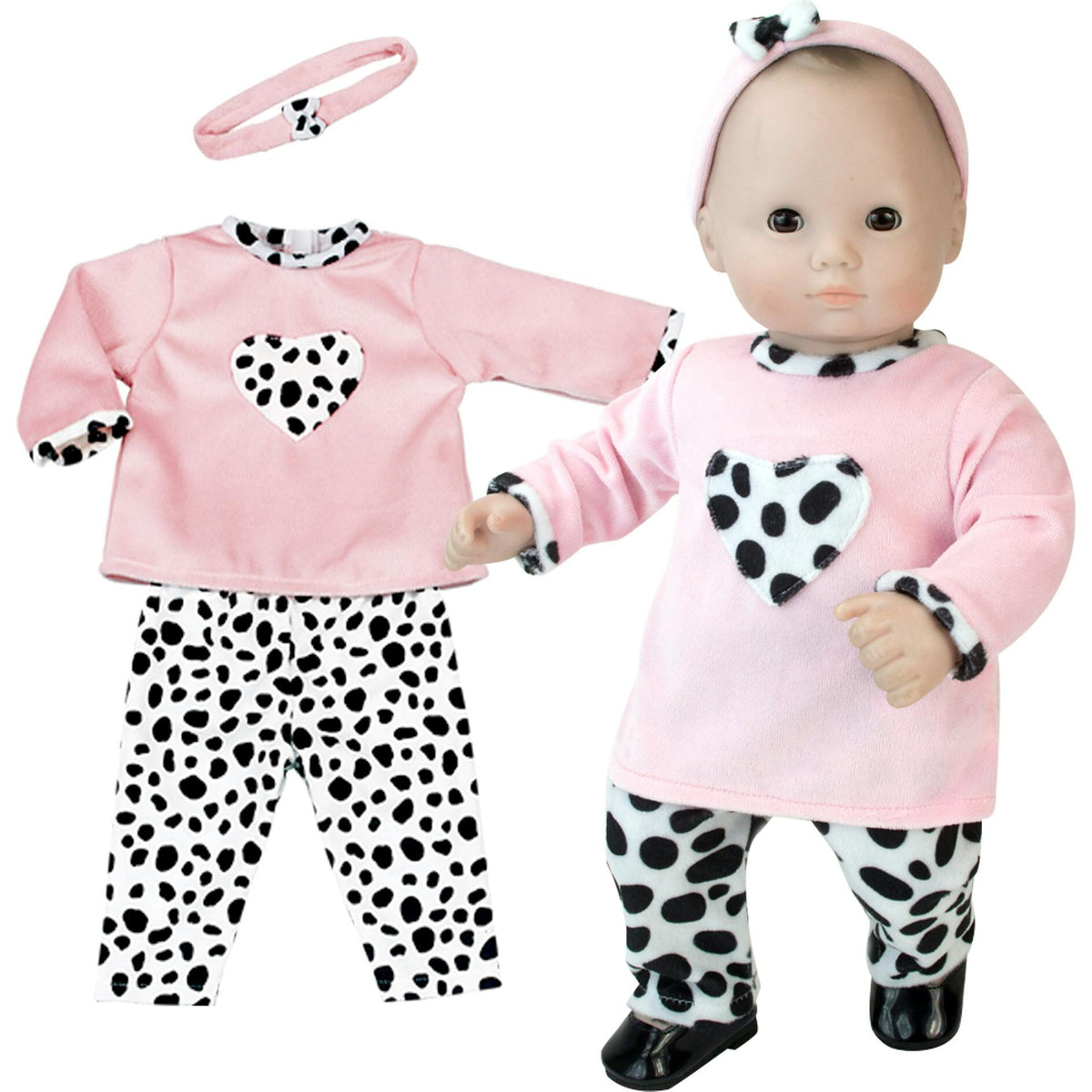 Sophia's 3-Piece Dalmatian Print Outfit for 15" Baby Dolls, Pink/Black/White