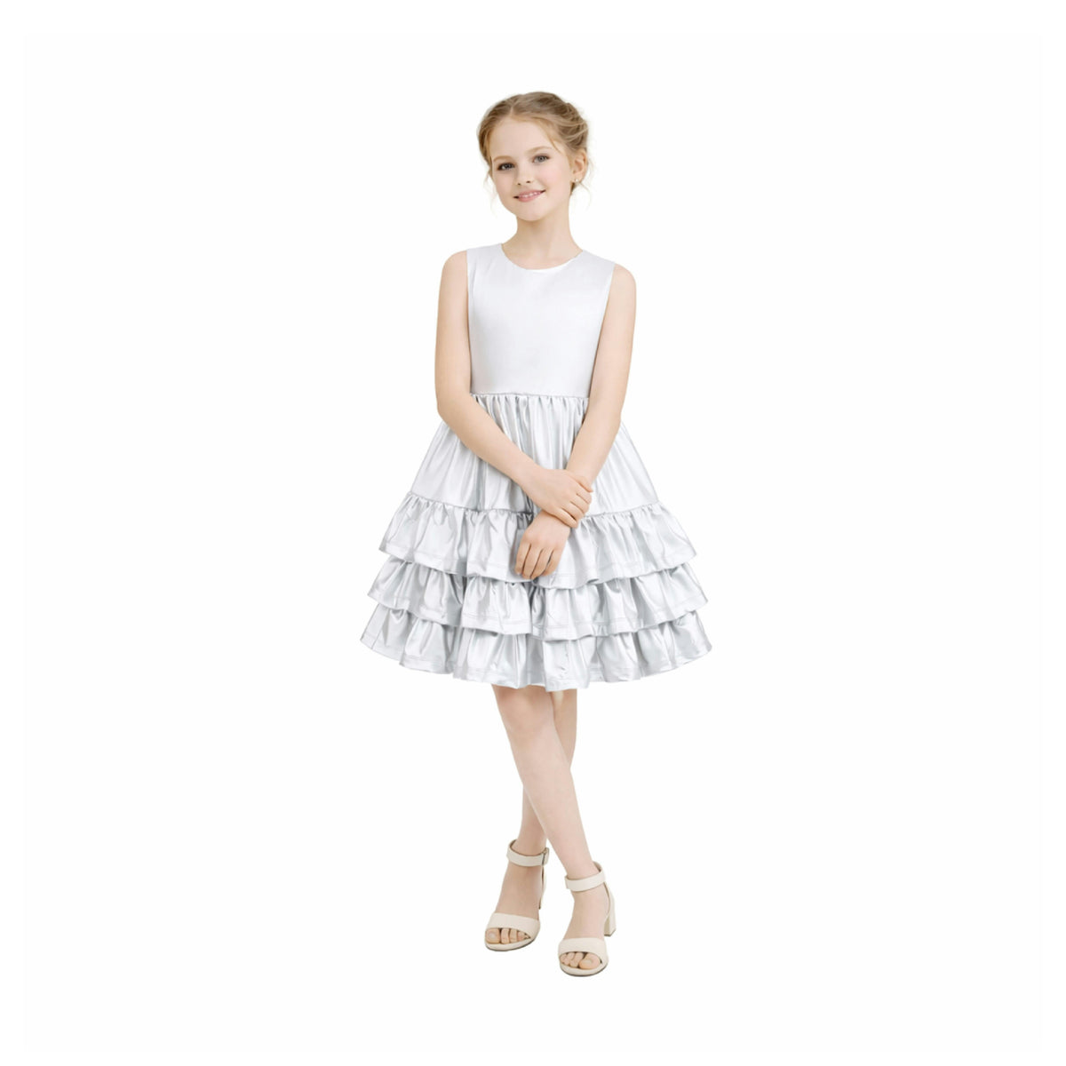 Silver Satin Ruffle Party Dress