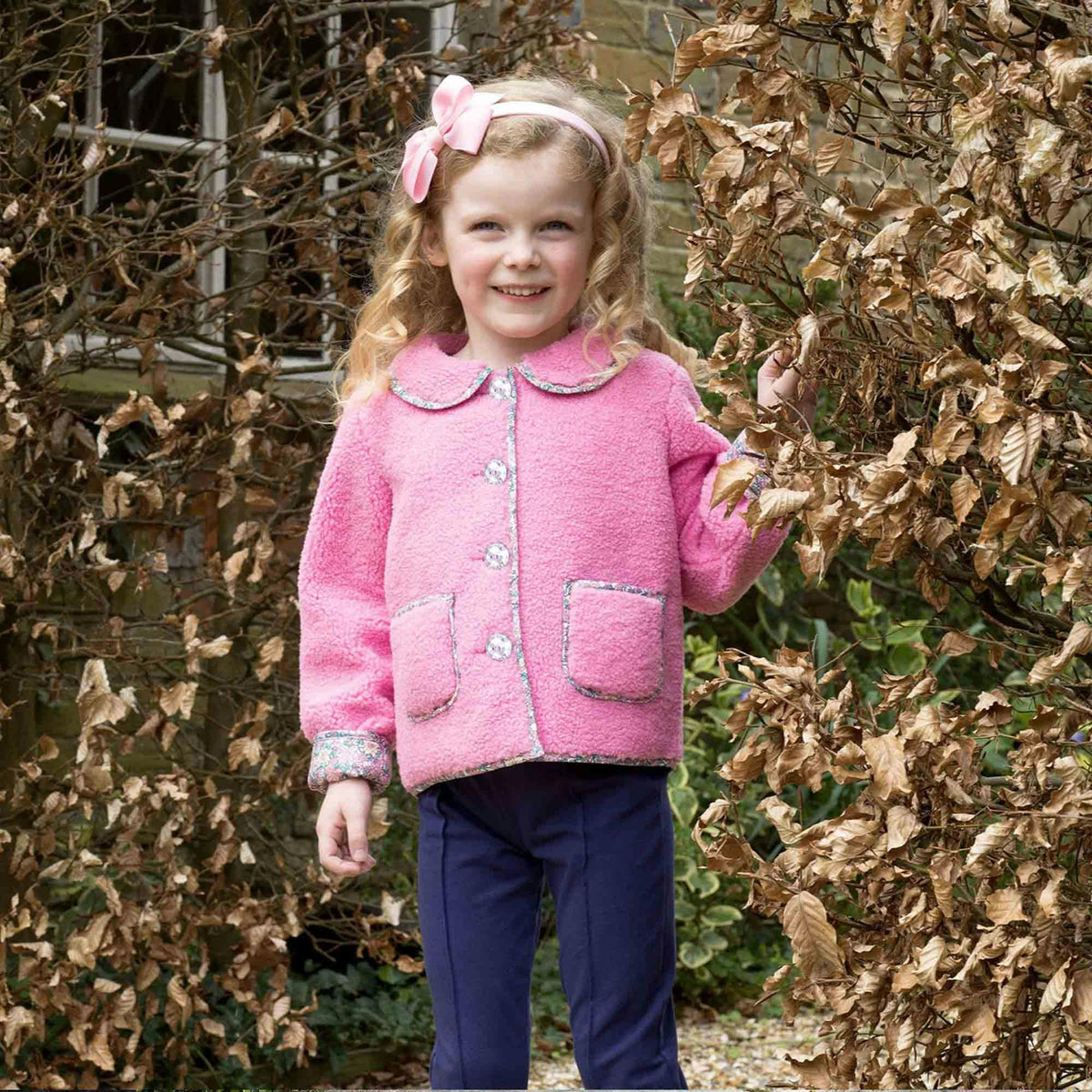 Pink Shearling Floral Trim Jacket