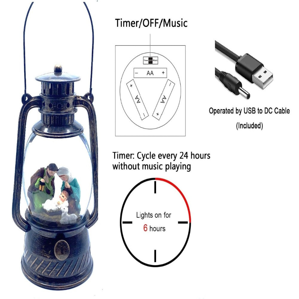 Nativity Snow Globe Lantern with Music and Auto Timer, 8 Inch
