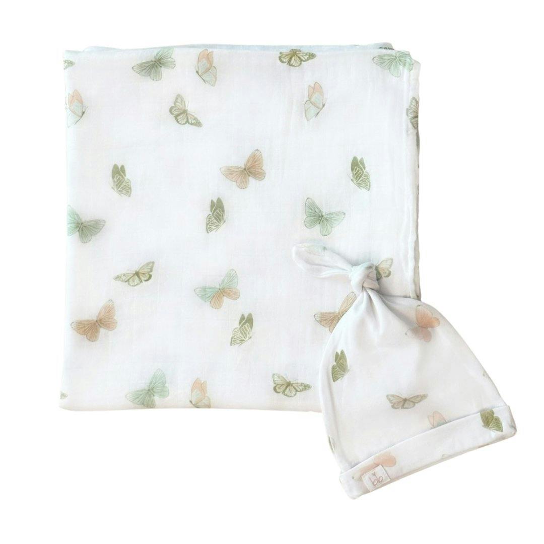Bamboo Muslin Swaddle Blanket & Topknot Set - Ribbits By The Pond