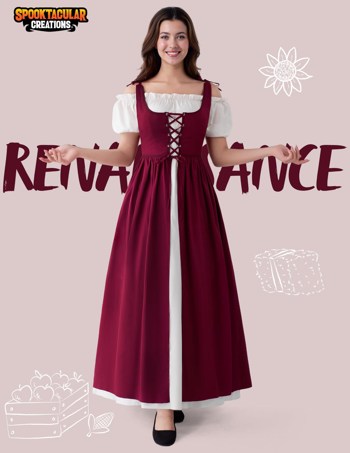 Women Medieval Renaissance Peasant Maxi Dress for Halloween